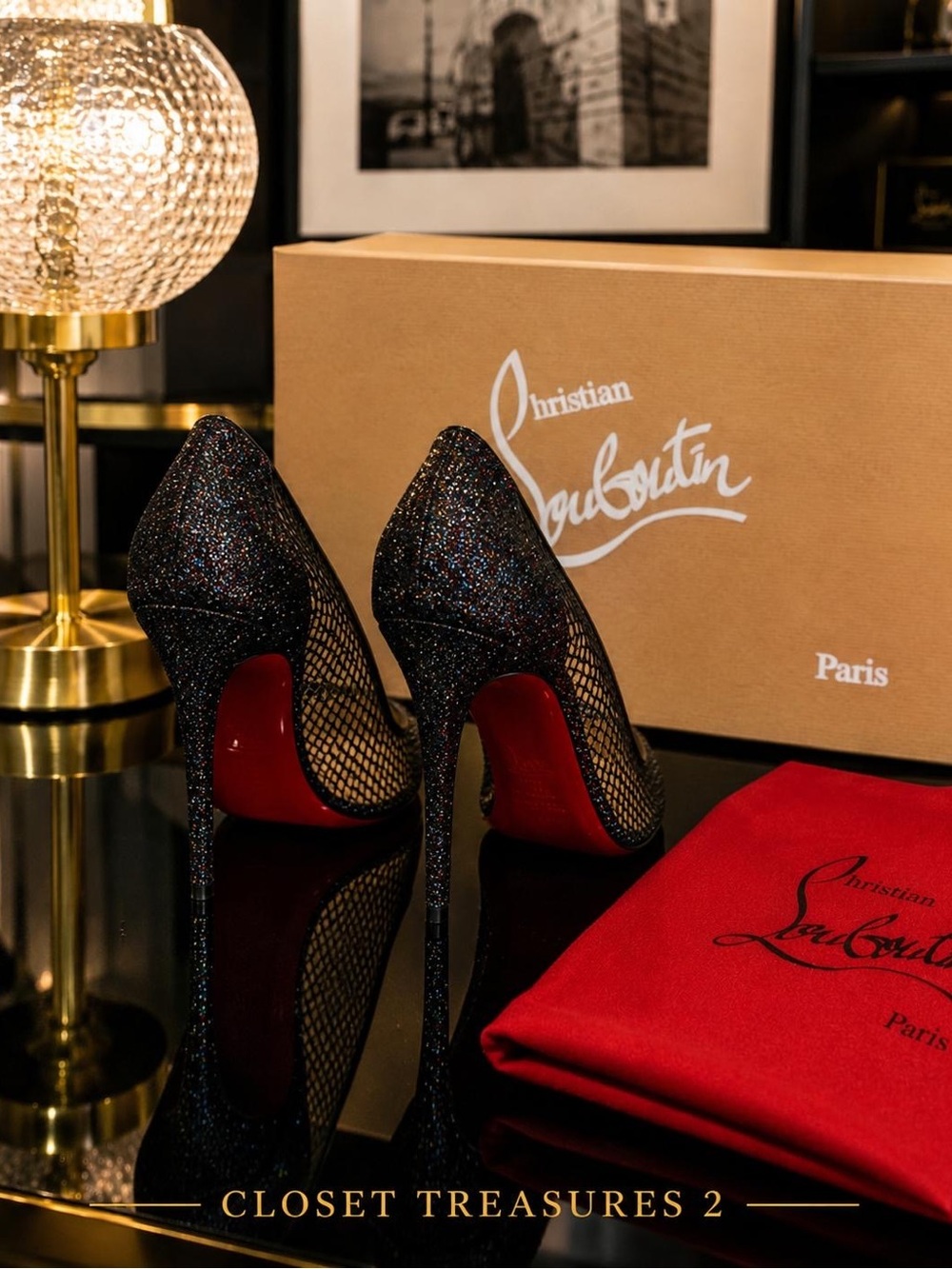 Christian Louboutin Black Glitter Mesh Pumps with Red Soles - Picture 2 of 9